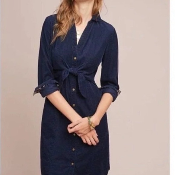 Maeve Dresses & Skirts - Maeve Navy Corduroy Button-Front Tie-Waist Midi Dress